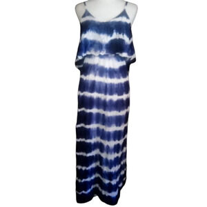Japna Blue & White Tye Dye Ruffle Top Lightweight Maxi Dress Size Medium